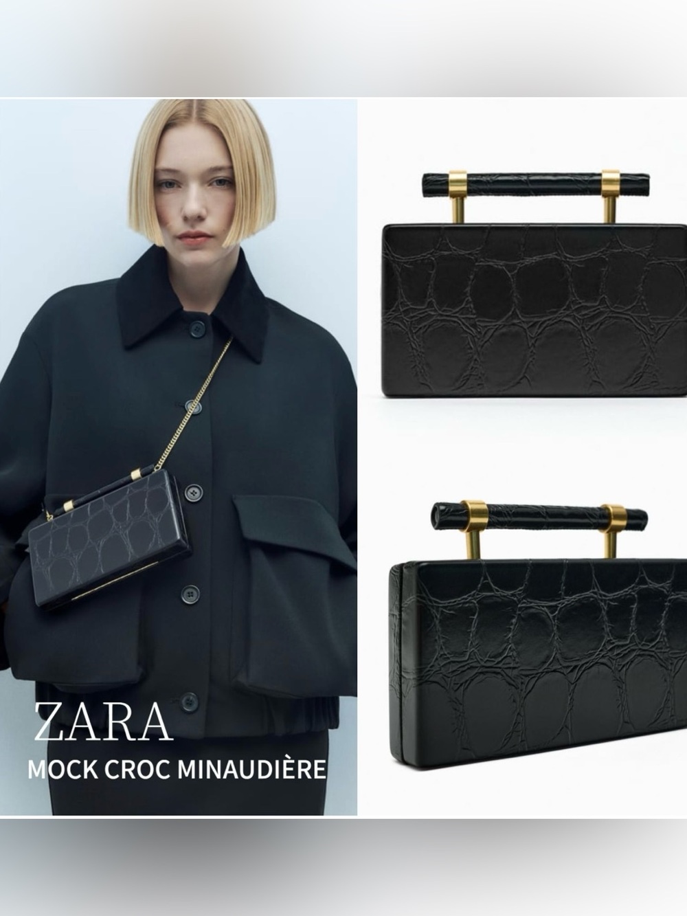 Zara Black Croc-Embossed Clutch with Gold Chain